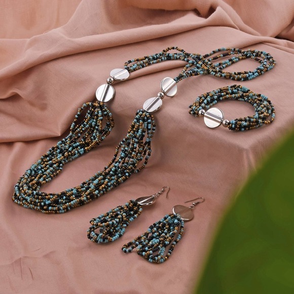 Blue Seed Bead Necklace Bracelet & Earrings Bead Necklace Earring Multi Strand - Picture 2 of 6